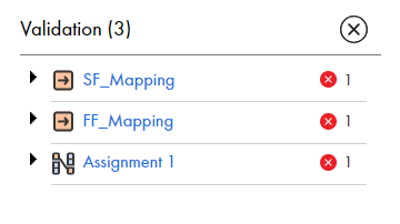 The image shows the Validation panel with a list of errors.