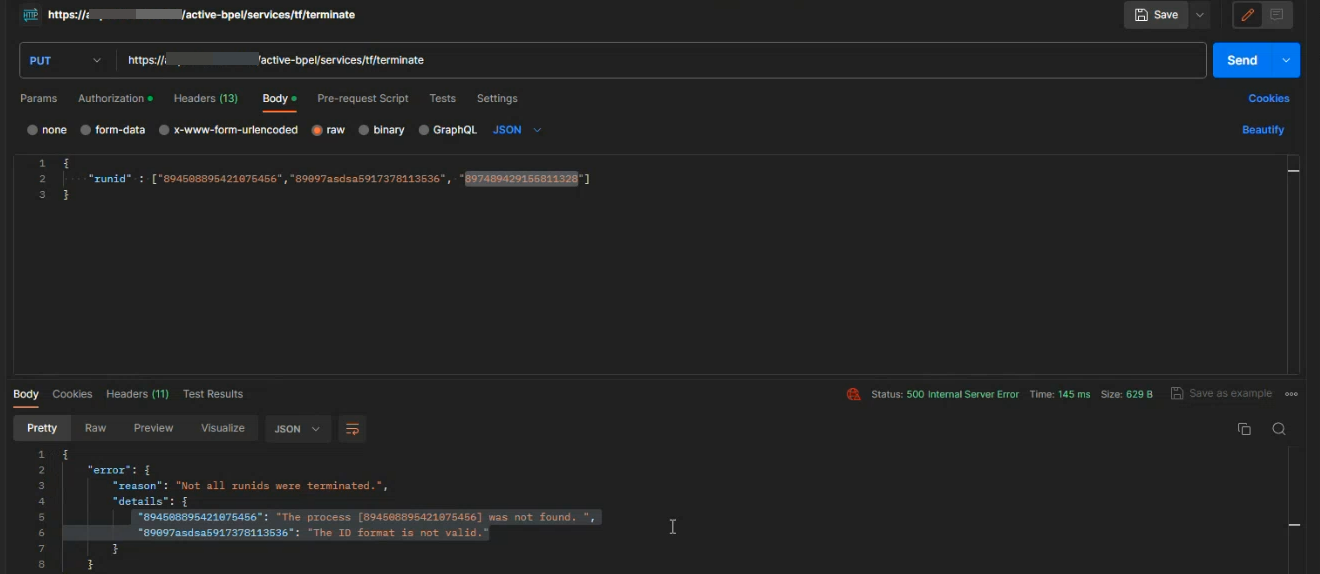 The image shows a sample terminate request and response.