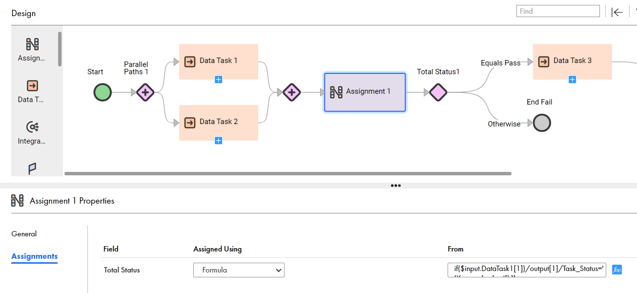 The image shows a taskflow with the Assignment step selected and the temporary field, Total Status, created with a formula.