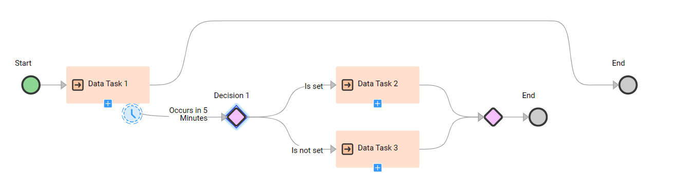 The image shows a Data Decision step with a timer set to run five minutes after the main Data Step starts. The timer event is a Data Decision step.