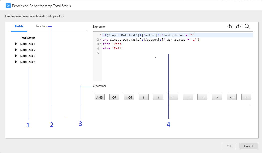 The image shows the Expression Editor with the sections Fields, Functions, Operators, and Expression.