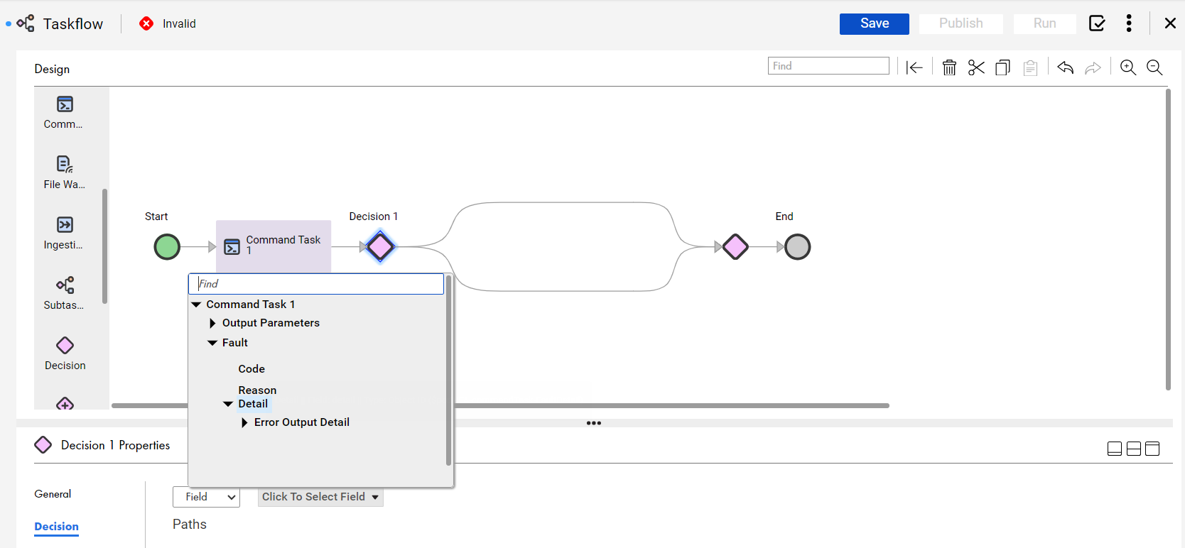 The image shows the details in fault fields to add as parameters to the subsequent steps of the taskflow.