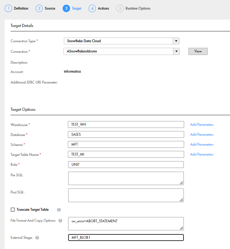 Snoflake Data Cloud target properties