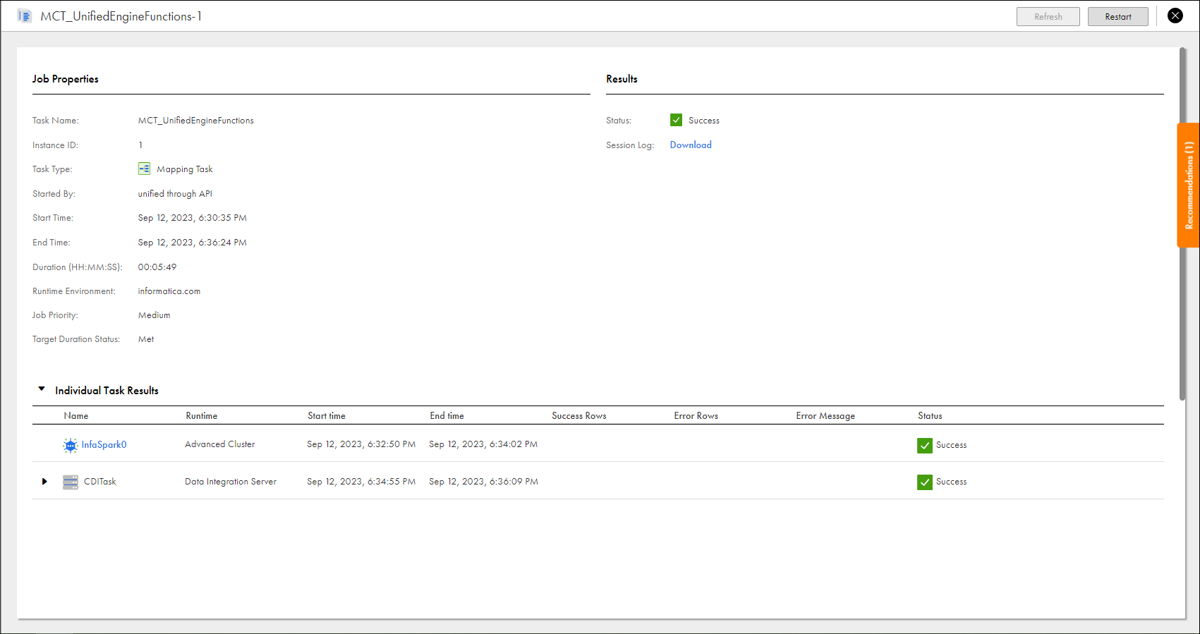 The job details for an instance of a mapping in advanced mode shows the job properties and results. It also shows the individual task results for each subtask that processed the mapping.