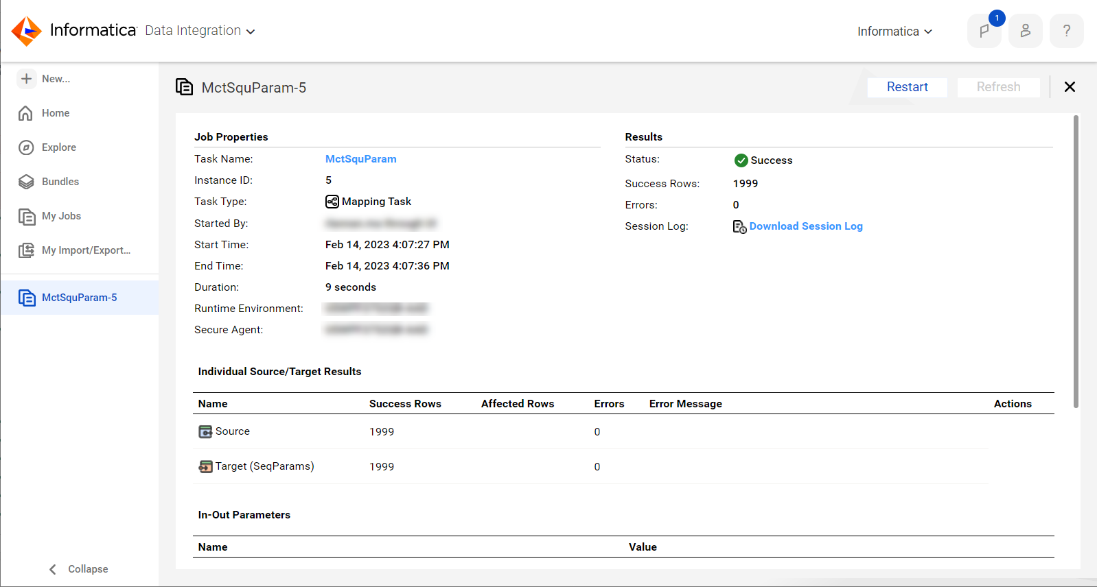 The job details for a mapping task instance shows the job properties and results. It also shows the number of success and error rows for each source and target.