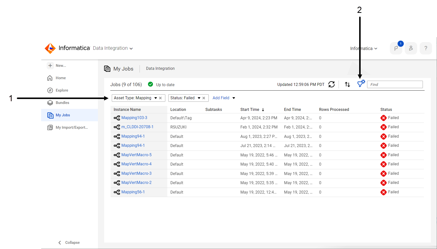 In this image, the “Asset Type” and “Status” filters have been applied to show only failed mappings.