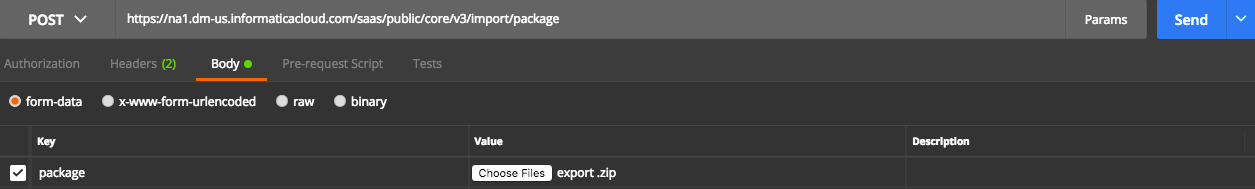 The image shows a post request body in Postman where "package" is the key and the export.zip file is the value.