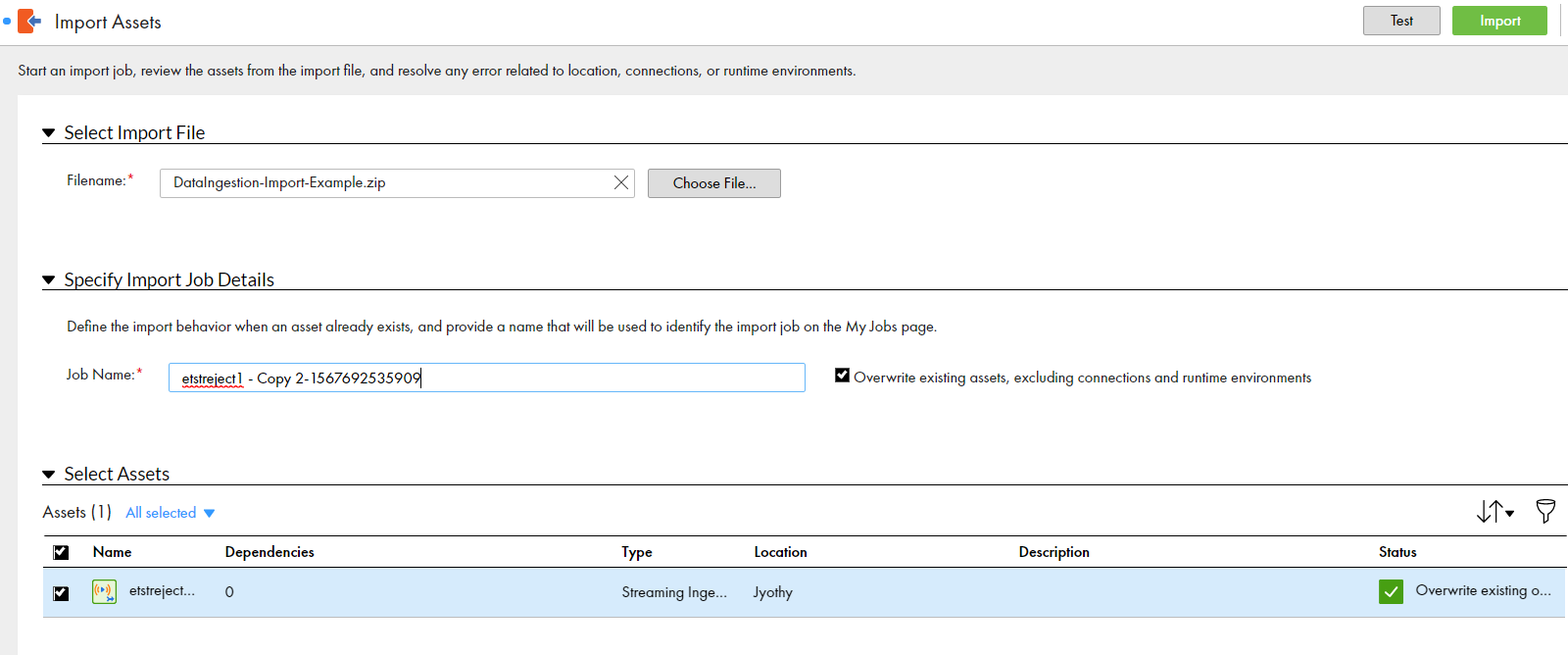 Shows a list of Data Ingestion assets and the import action to be performed when overwriting existing assets is enabled.