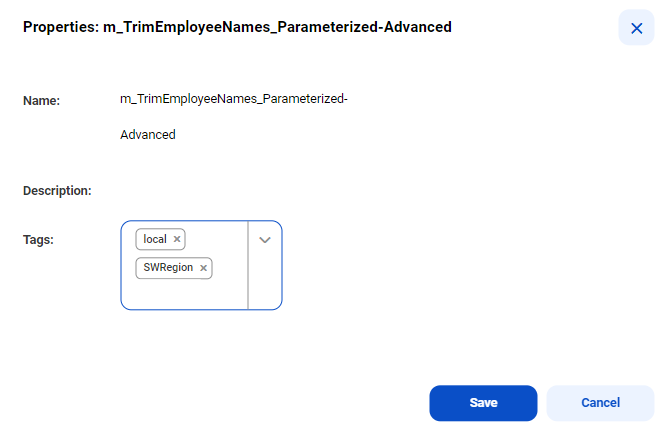 The Properties dialog box shows the asset name as Accounts_Archive. It includes the description and a list of tags associated with the asset. The bottom of the box contains the Save and Cancel buttons.