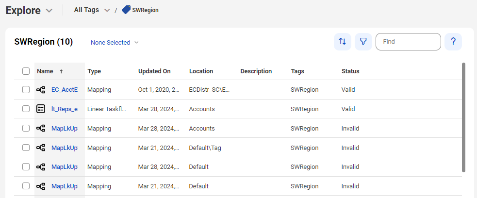 The Explore page lists the assets that are associated with the SW Region tag.