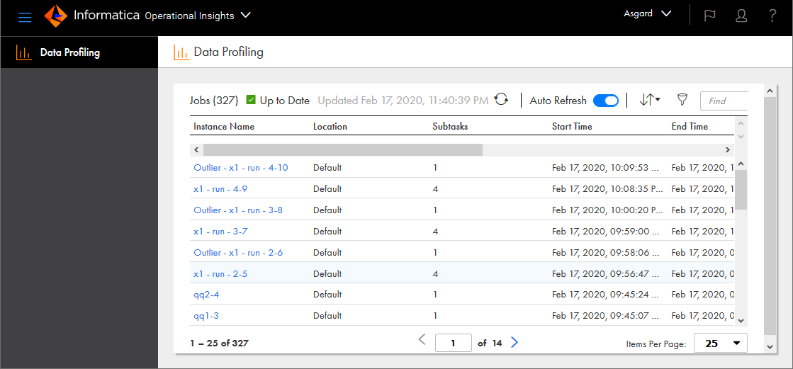 The image shows the data profiling page in Operations Insights service. The page shows a list of jobs and its properties.