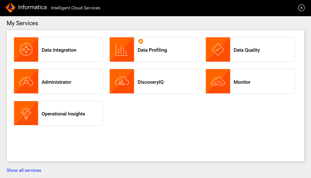 The image shows the My Services page which contains the Data Profiling, Data Integration, Administrator, Data Quality, and Monitor services.