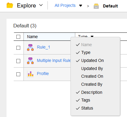 The image shows the right-click properties that you can choose to display the columns. The collumns include name, type, updated on, updated by, created on, created by, description, tags, and status.