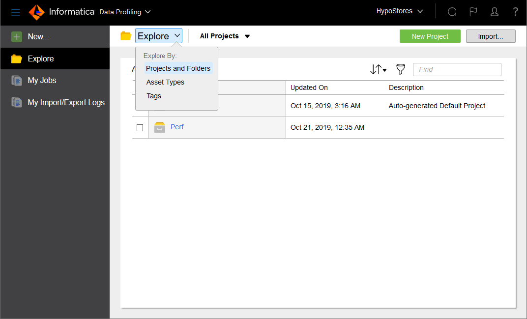 The image shows the explore option and new project option.
