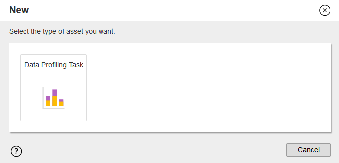 The image shows the New dialog page. The New dialog box contains a large button labeled "Data Profiling Task" as well as a "Cancel" button in the lower right corner.