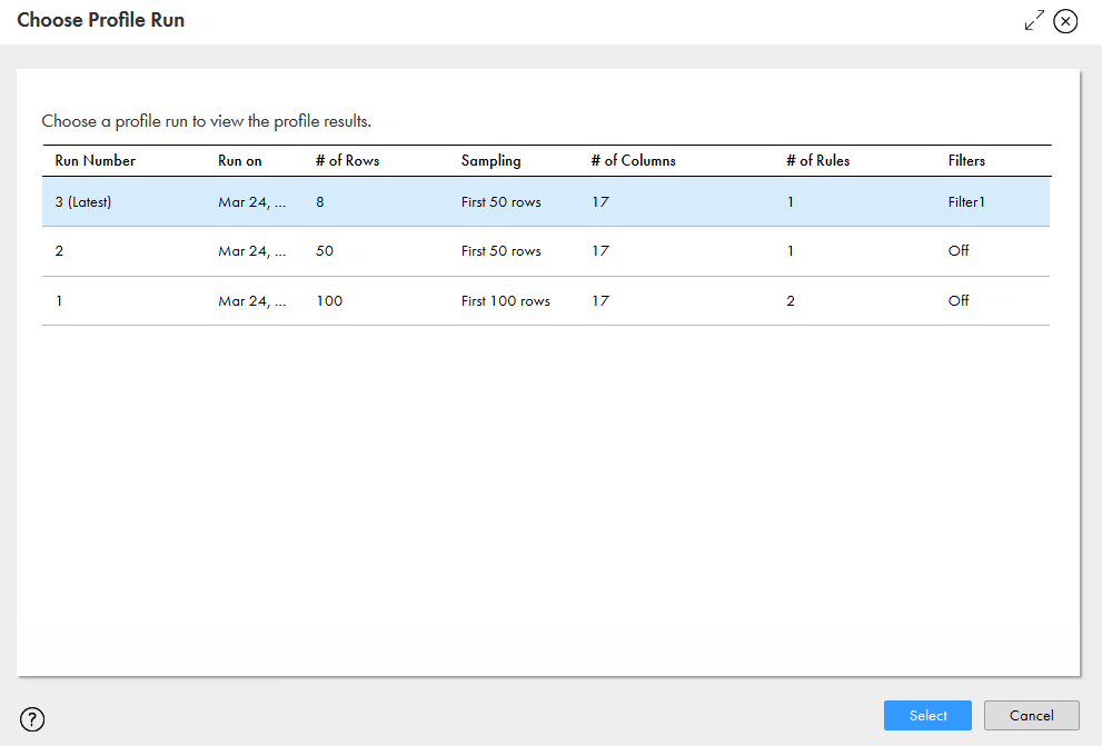 The image shows the choose profile run dialog box.