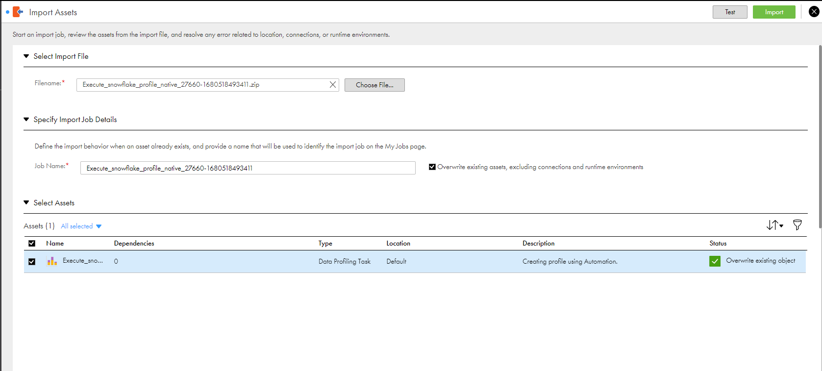 The image displays a profile and the import action that you can perform when overwriting an existing profile is enabled.