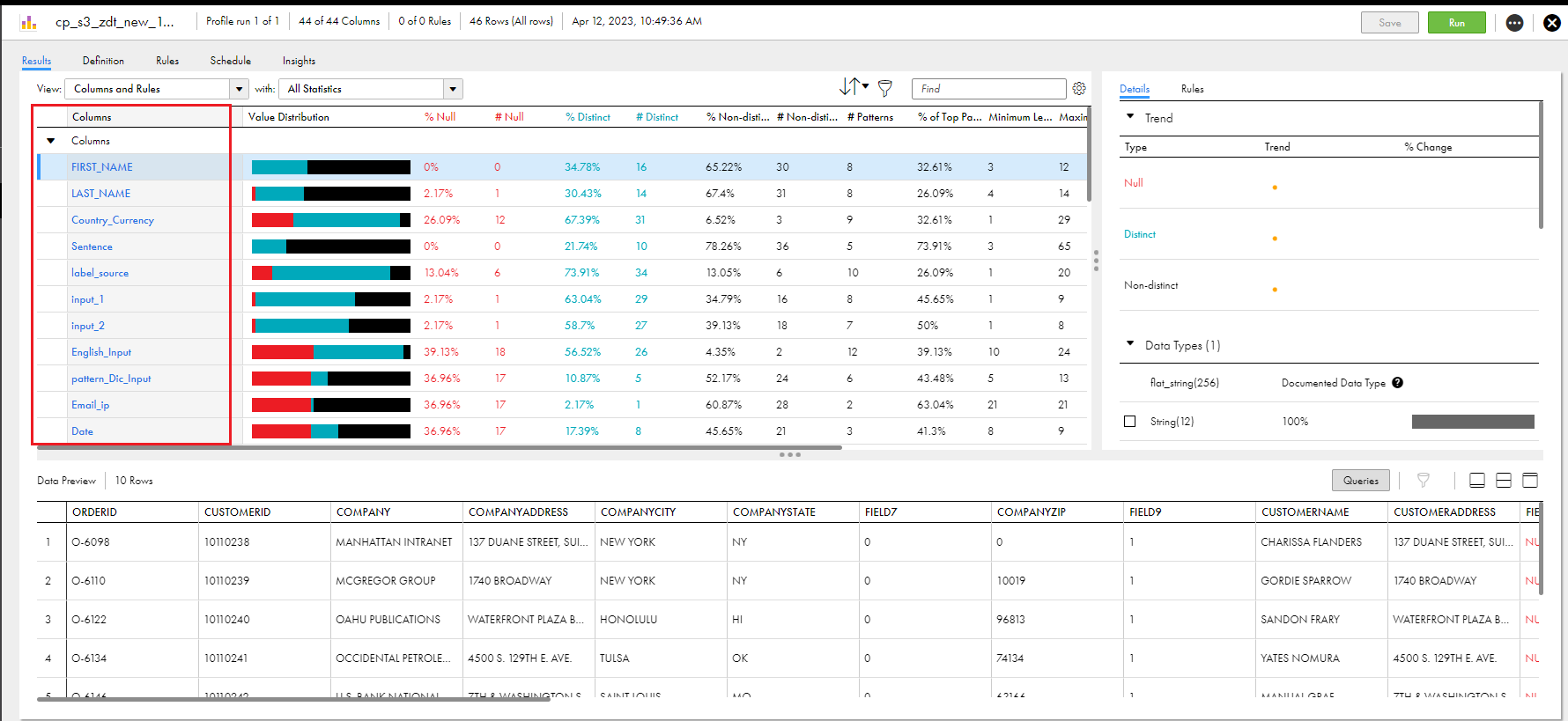 Image displays a sample profile results page after the import task.