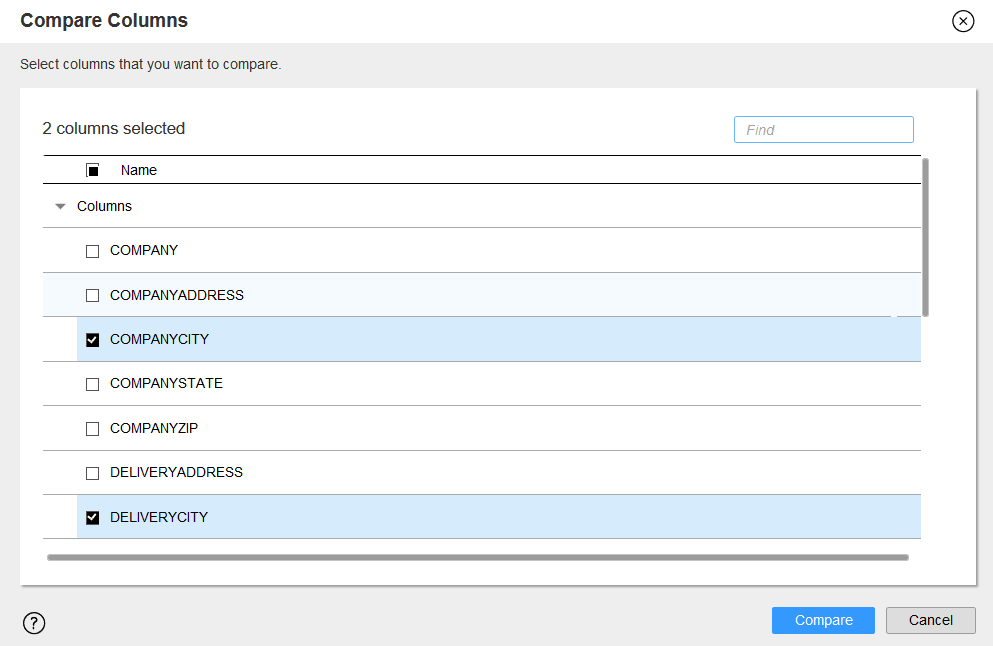 The image shows the compare columns dialog box.