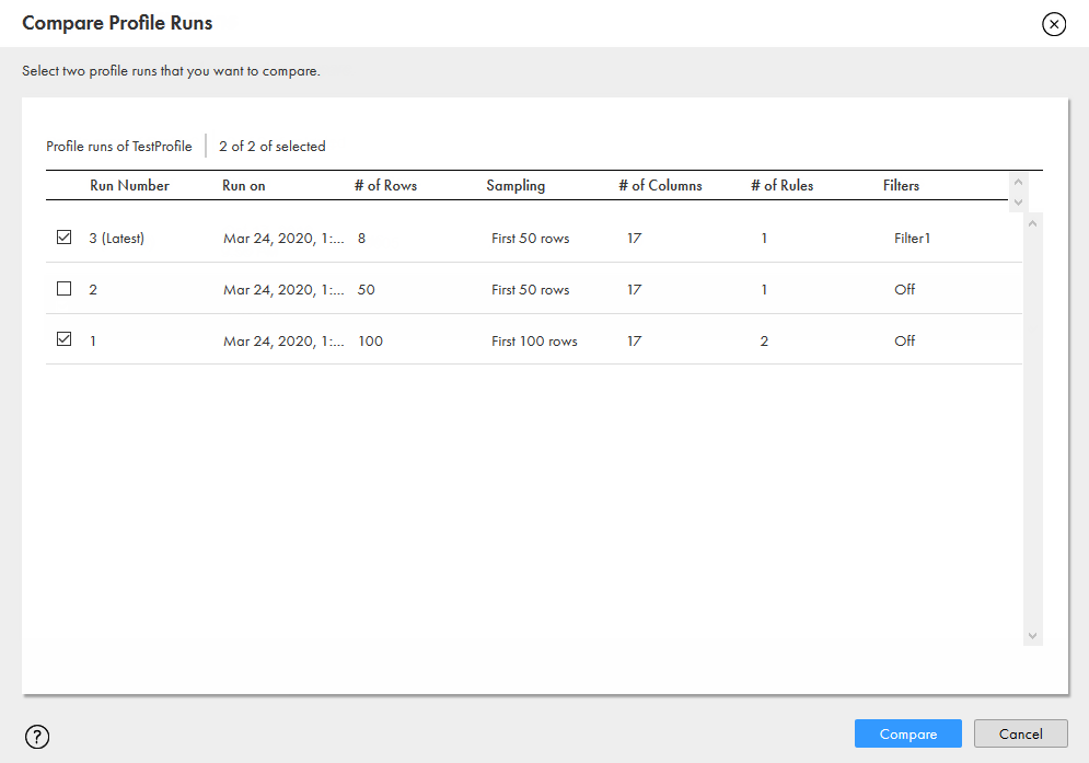 The image shows the compare profile runs dialog box.