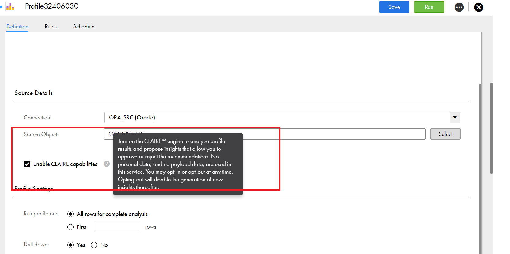 Enable CLAIRE capabilities checkbox is selected in the CLAIRE Recommendation Preferences section on the Schedule tab of a profile.