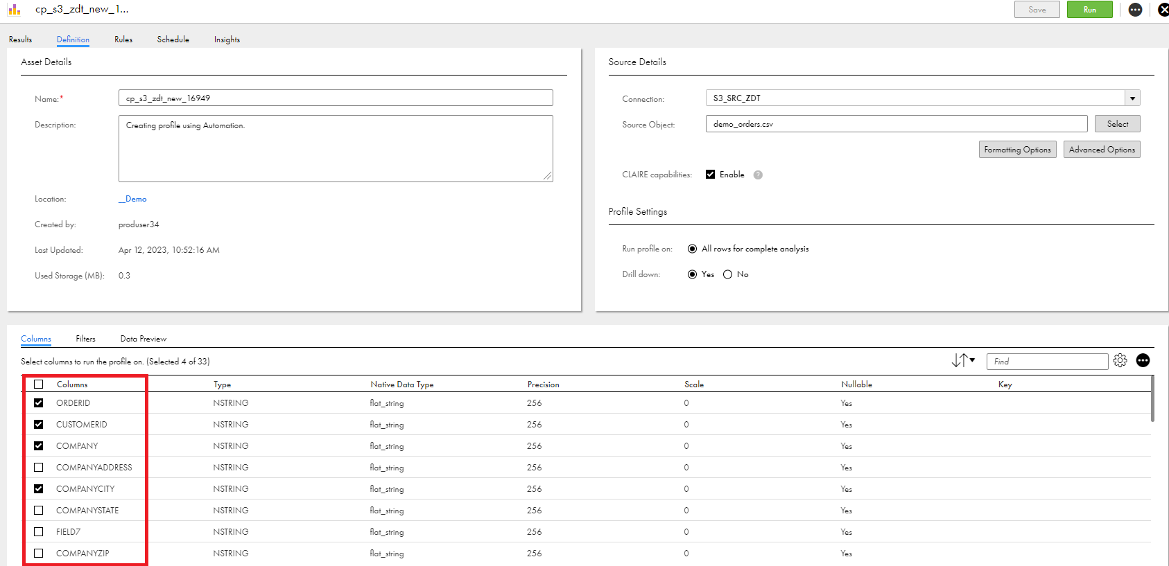 Image displays a sample profile definition page after the import task.