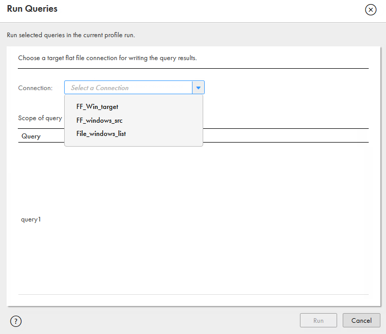 The sample image shows the Run Queries dialog box. You can choose a flat file connection to run the query.