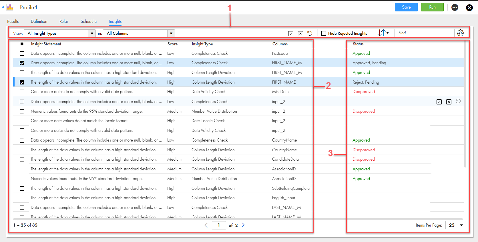 View options, Insights, and Insight status areas are highlighted on the Insights tab of a profile.