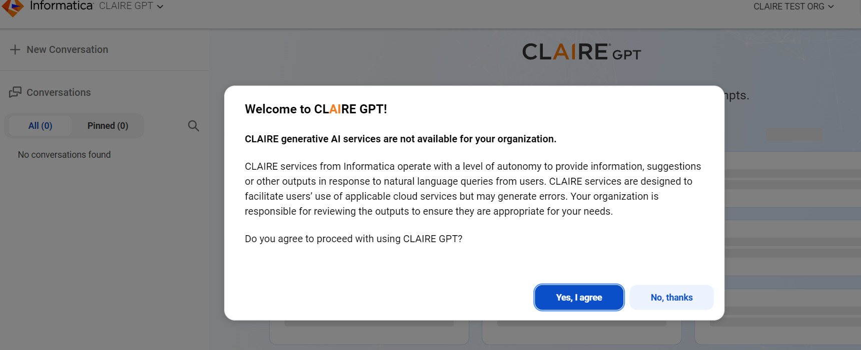 Image depicting the consent dialog bog in CLAIRE GPT.