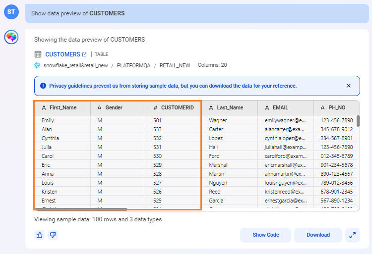 Response from CLAIRE GPT displaying how critical data elements appear first in responses.