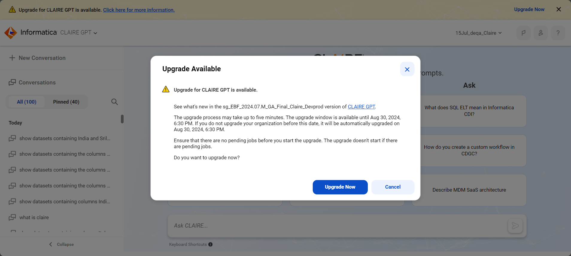 Image depicting an upgrade notification message.