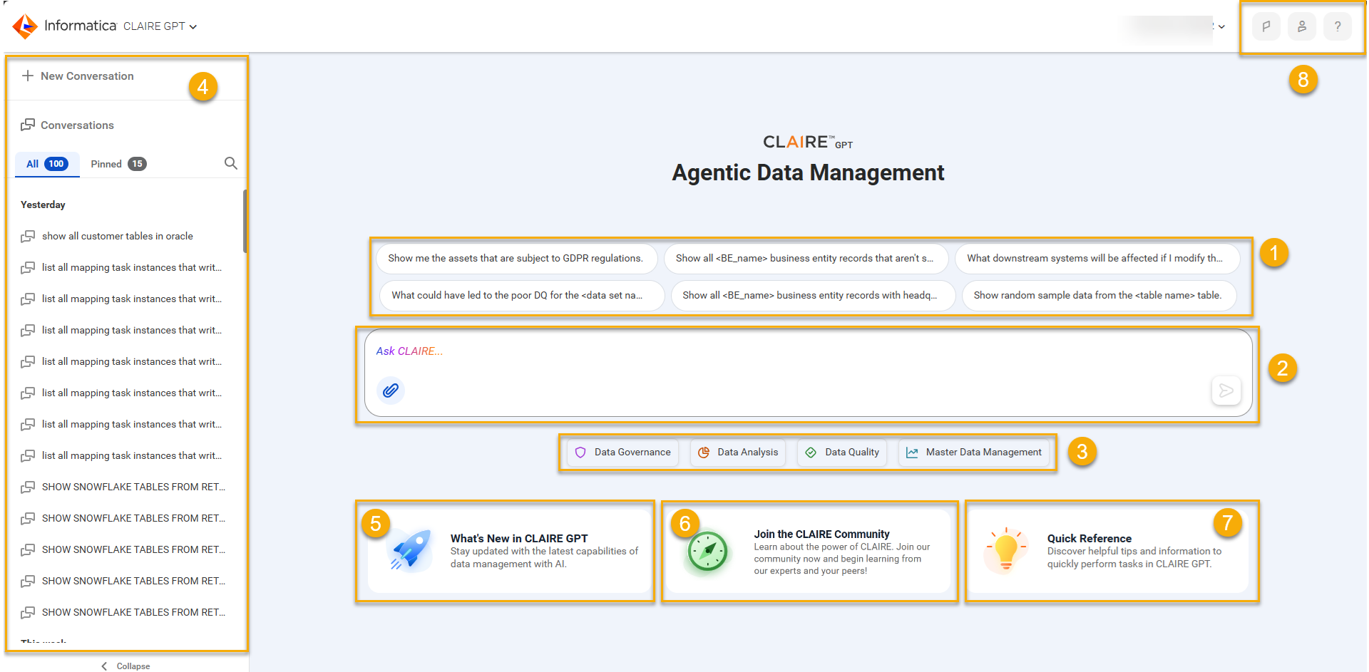 The CLAIRE GPT Home page contains the following panels: Sample prompts, Prompt text box, Categories, Navigation bar, What's new, Join the CLAIRE community, Quick reference, and Notifications and user settings
