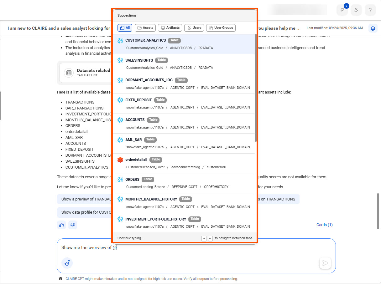 A conversation with "@" in the prompt box and a list of suggestions relevant to the conversation.