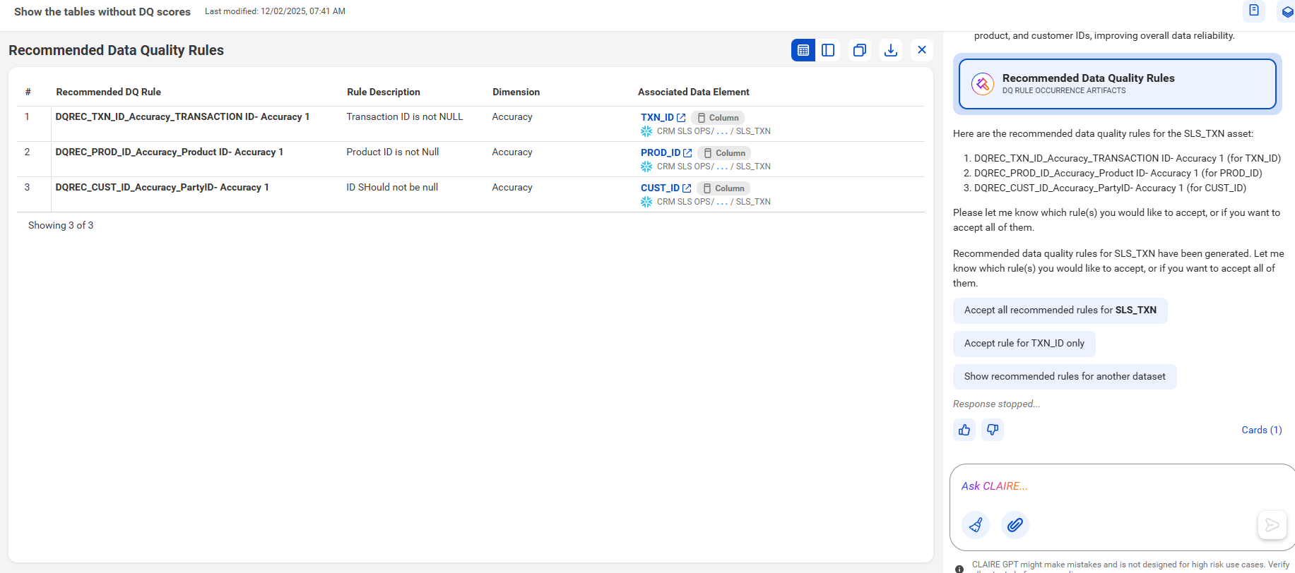 The response displays three recommended data quality rules for the SLS_TXN table.