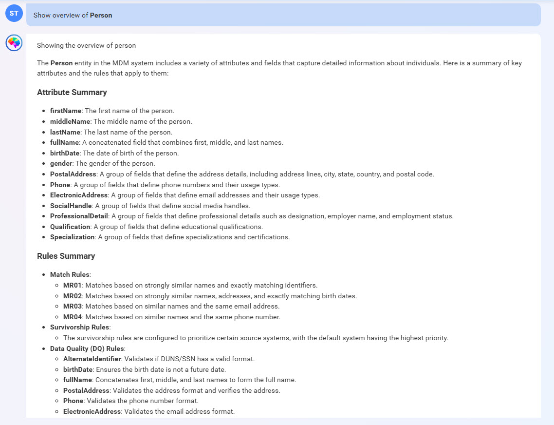 Response from CLAIRE GPT displaying attributes and rules summaries of the Person business entity.