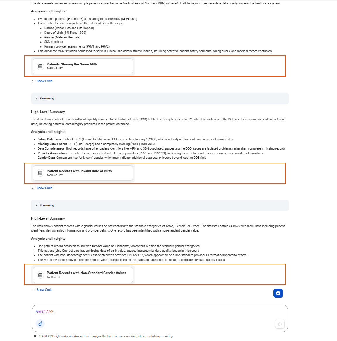 The response that highlights the three cards named Patients Sharing the Same MRN, Patient Records with Invalid Date of Birth, and Patient Records with Non-Standard Gender Values.