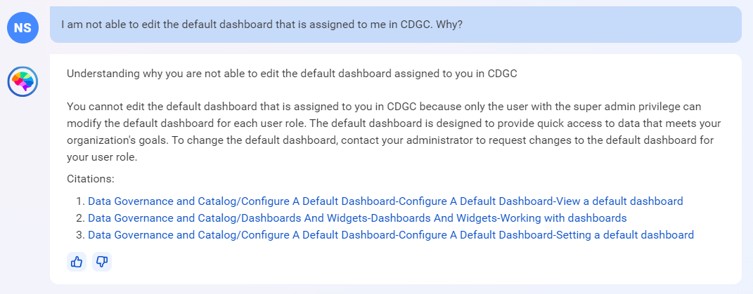 Response from CLAIRE GPT displaying the reason why you can't edit the default dashboard, along with information on what you need to do and links to related documentation.