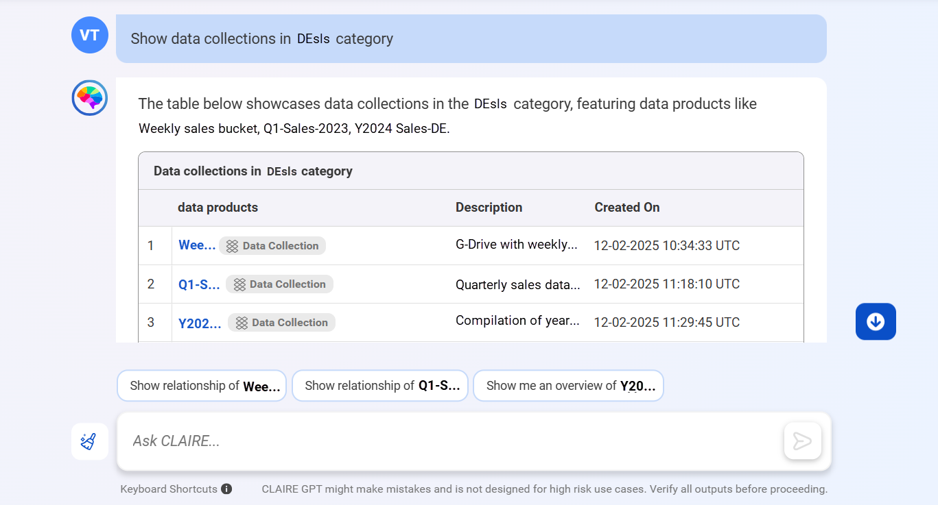 Response from CLAIRE GPT displaying the data collections in the DEsls category.