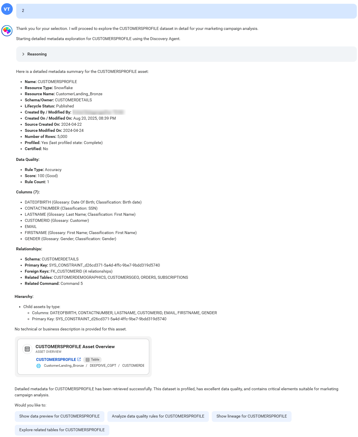 The response displays an overview of the CUSTOMERSPROFILE table that includes data characteristics such as data quality results, key columns, relationships, hierarchy details, and so on. It also displays a card named CUSTOMERSPROFILE Asset Overview.