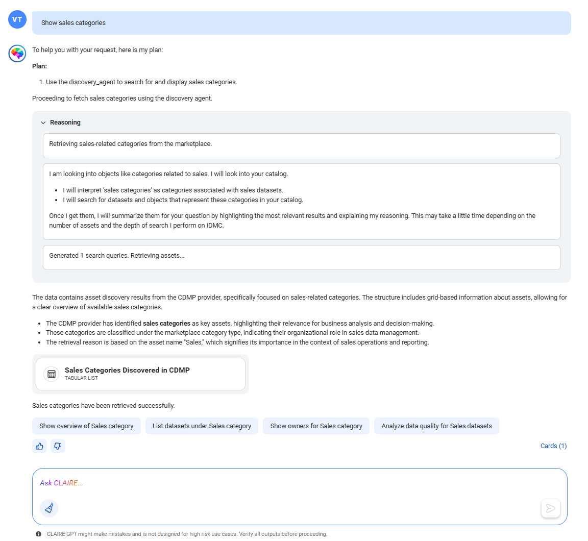 Response from CLAIRE GPT displaying a summary of the categories that contain 'sales' in their name or description.