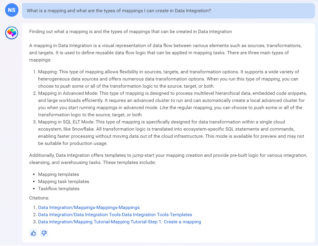 Response from CLAIRE GPT displaying what a mapping is, along with the different types of mappings you can create in Data Integration and links to related documentation.