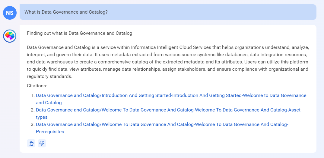 Response from CLAIRE GPT displaying information about Data Governance and Catalog along with links to related documentation.