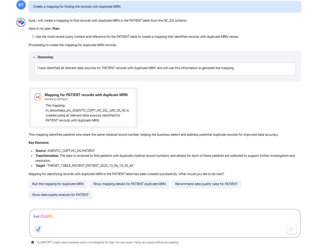 The response displays the card named Mapping for PATIENT records with duplicate MRN, along with the key elements such as the source, transformation, and target objects in the mapping. The response also shows some suggested prompts for next actions.