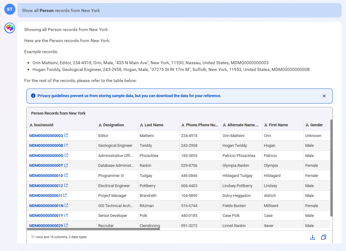 Response from CLAIRE GPT displaying all customers who have New York addresses.