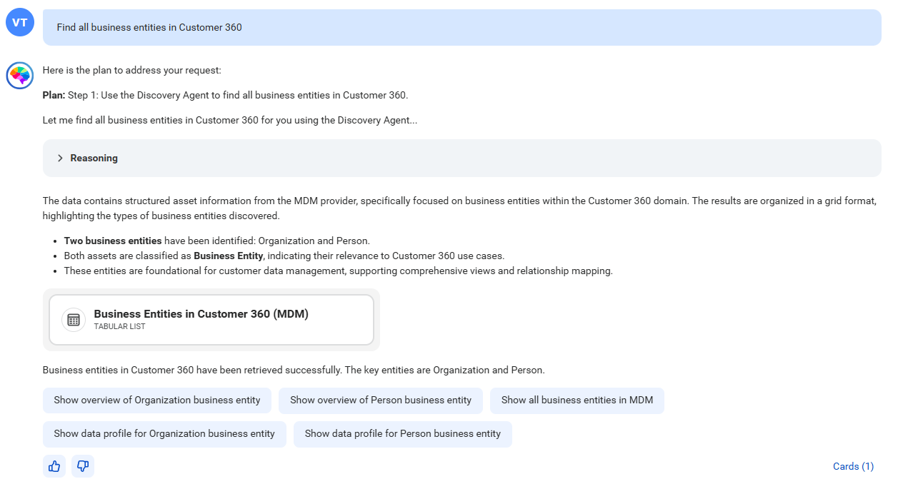 The response displays two business entities, such as Organization and Person. It also displays the reasoning and a card named Business Entities in Customer 360 (MDM).