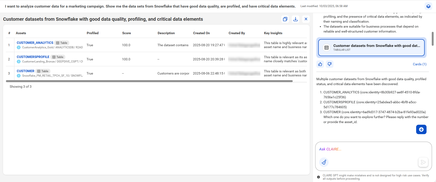 The canvas displays the two customer data sets, CUSTOMER_ANALYTICS and CUSTOMERSPROFILE, in a tabular view. The right side panel contains contextual information about the data.