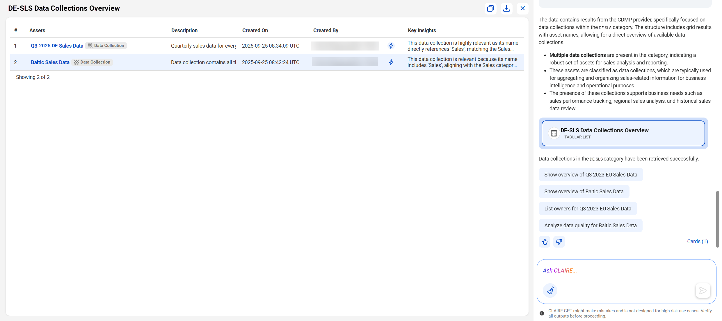 CLAIRE GPT canvas displaying the list of data collections in the 'DE-SLS' category.