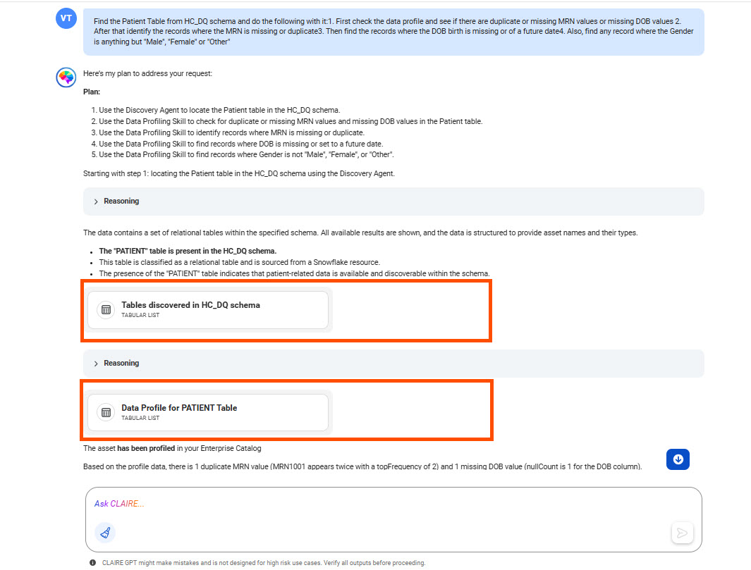 The response displays the plan for addressing the request and insights on the discovered PATIENT table. The cards named Tables discovered in HC_DQ schema and Data Profile for PATIENT Table are highlighted.