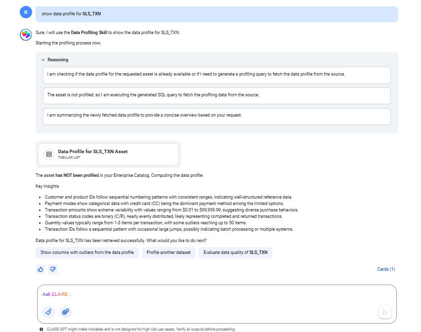 The response displays an on-demand profiling of the SLS_TXN table, which includes key insights on the detailed profiling information. It also displays a card named Data Profile for SLS_TXN Asset.