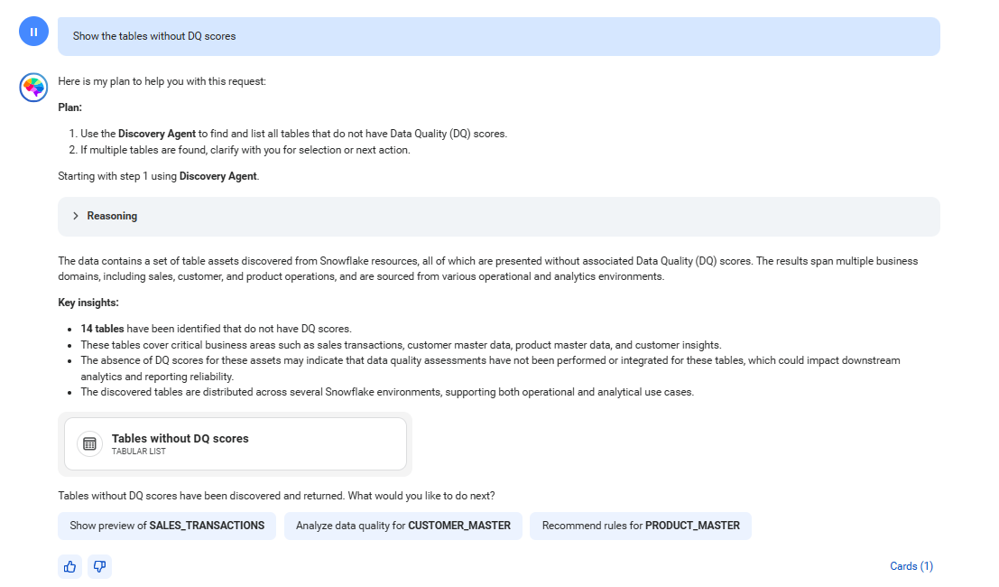 The response displays a card named 'Tables without DQ scores'. The card contains a list of tables that don't have data quality scores.